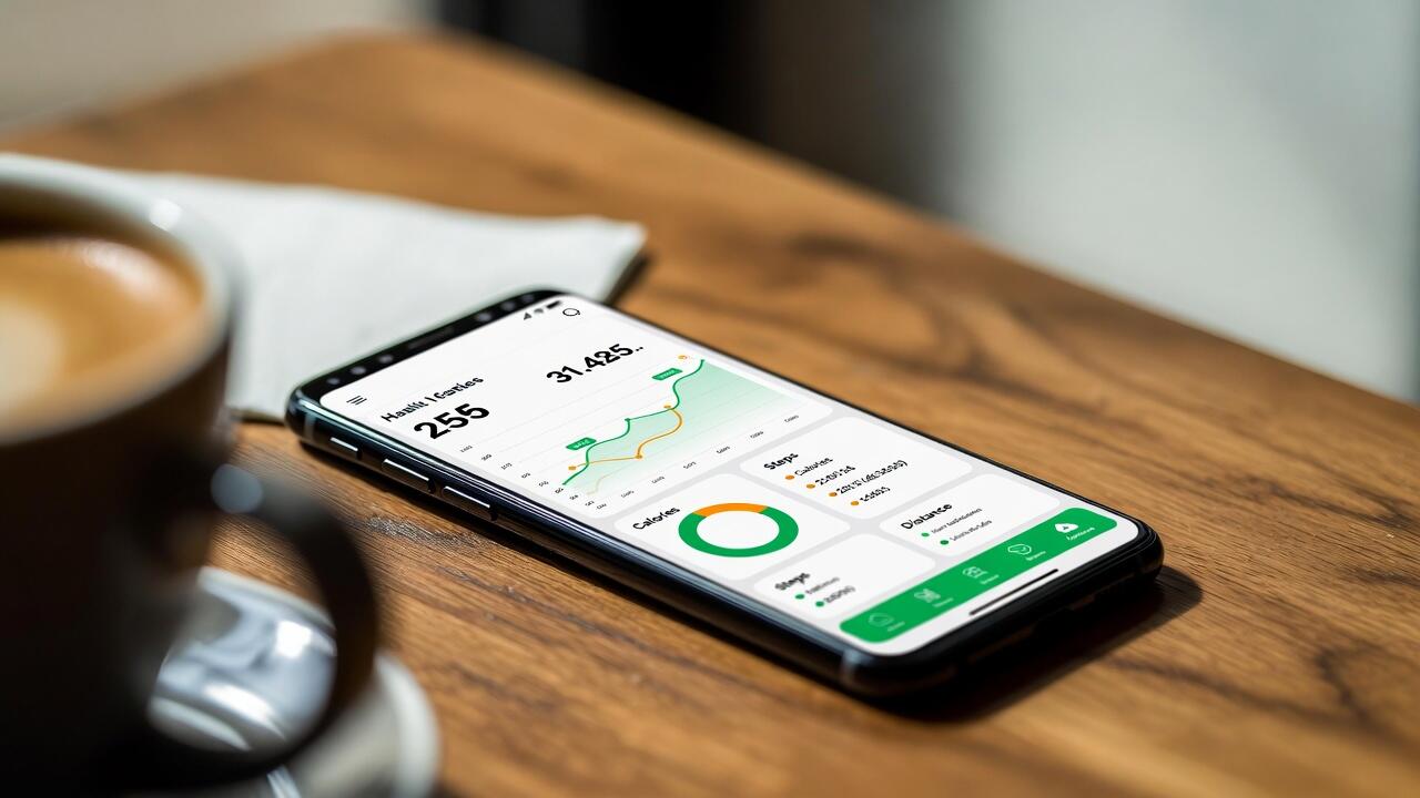 Smartphone showing a health dashboard with charts and metrics next to a coffee cup