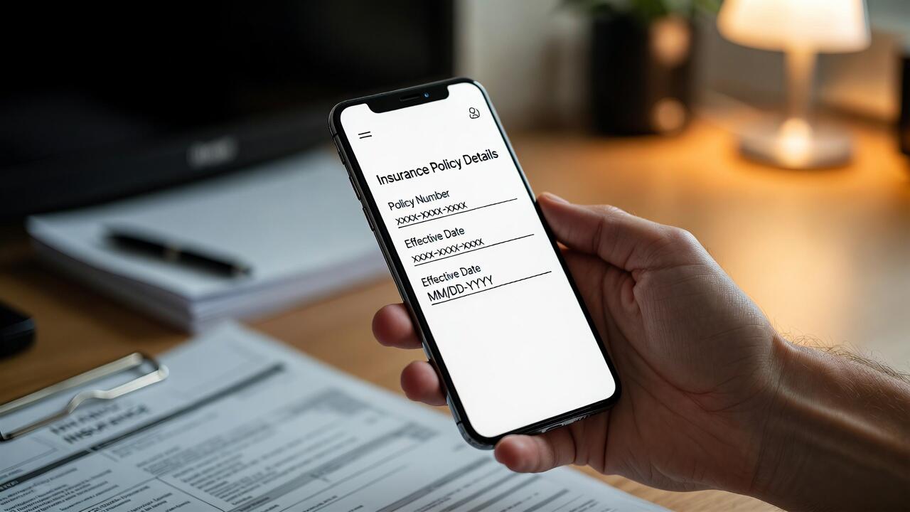 Someone holding a smartphone showing a clean interface while insurance paperwork sits on the desk