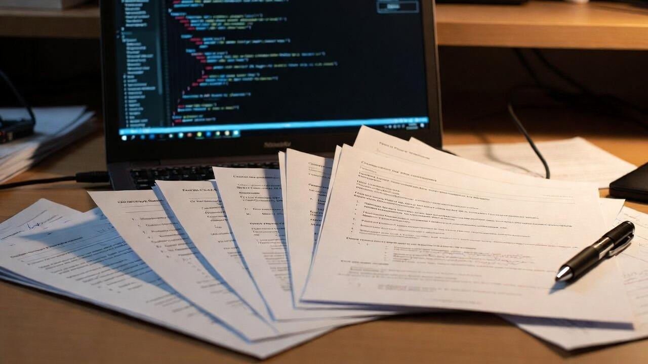 Desk with documents fanned out and a laptop showing a text editor in the background