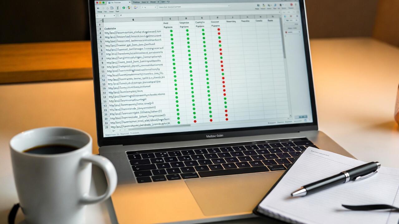 Top-down view of a laptop showing a spreadsheet audit with green and red status indicators