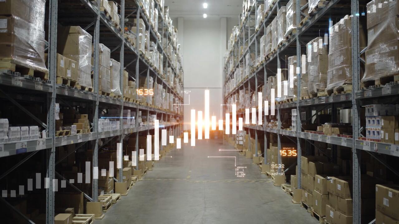 Warehouse aisle with inventory shelving and subtle data visualization overlays