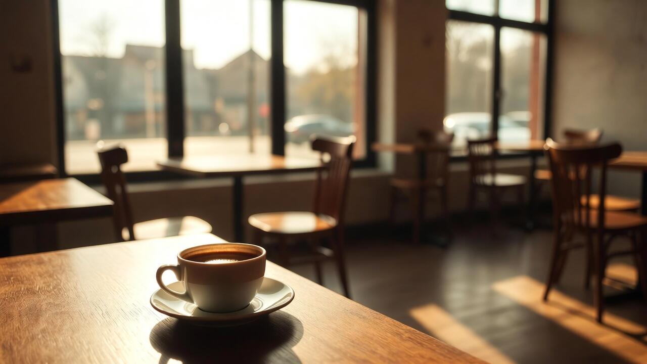 A single coffee cup on an empty coffee shop table with empty chairs, morning light through windows