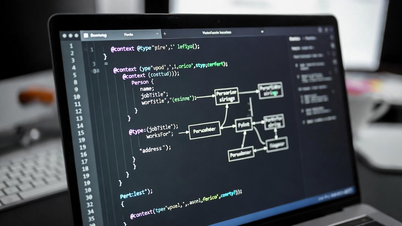 Laptop screen displaying structured data markup with entity connections visualized